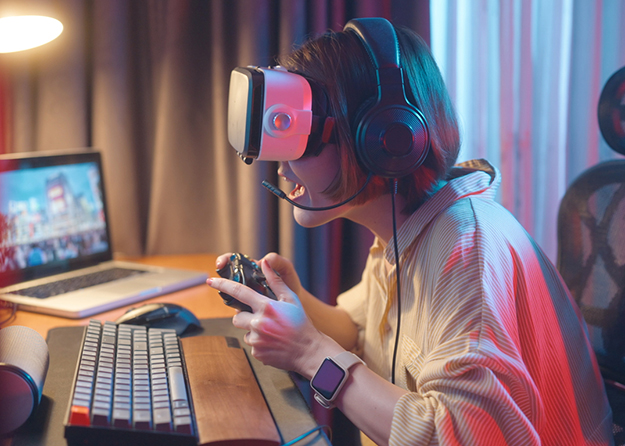 stock photo of virtual reality goggles emitting a bright light