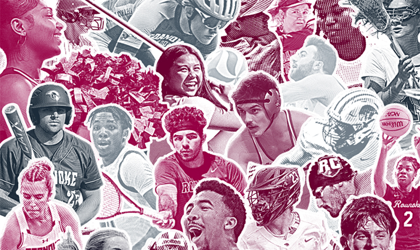 Collage of Roanoke student-athletes in the colors of maroon and gray.