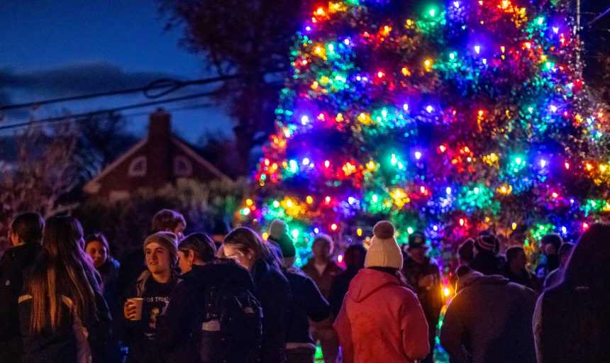 People chatting in front of a tree decorated with colorful lights