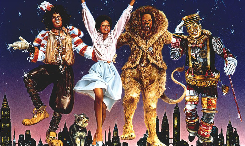 Movie poster from "The Wiz" featuring actors smiling while dressed in character