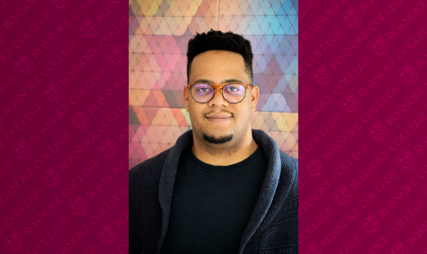 Cedric Wilson '09 poses for a headshot in front of a colorful geometric background, with a maroon Roanoke College border on either side.