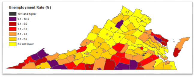 Unemployment rates by county, Virginia