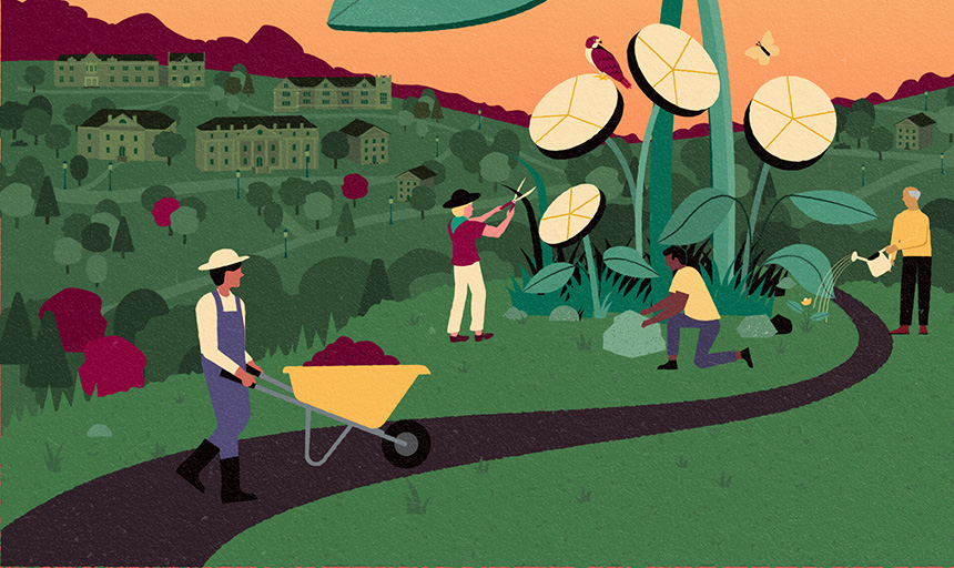 Illustration of people working together to build a large plant