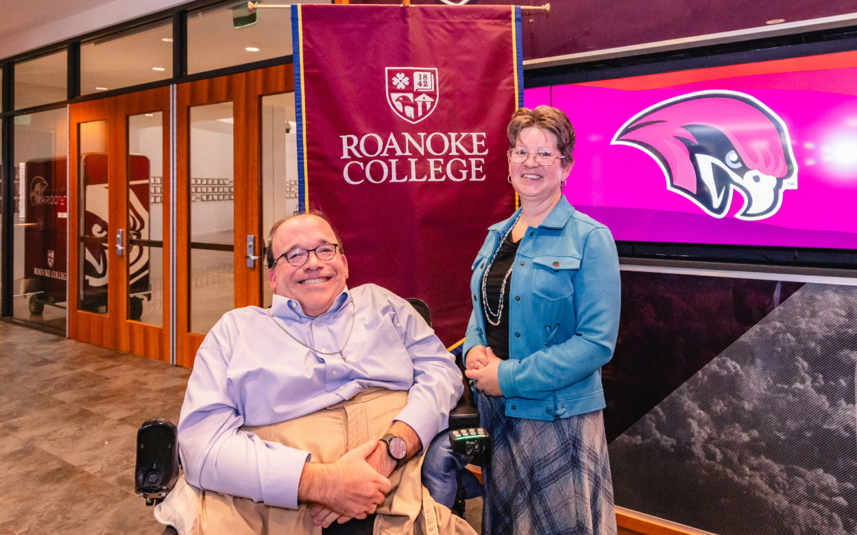 Kent Shiner poses with Frances McCutcheon in the Cregger Center foyer after a presentation about a new scholarship named in his honor.