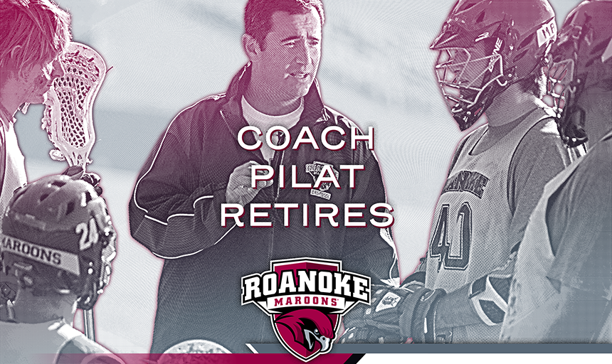 Coach Pilat talking to several athletes with the words "Coach Pilat Retires" on top and the athletic logo
