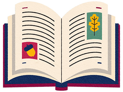 Illustration of an open book with images of acorn and leaf on pages.
