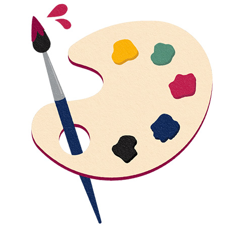 Illustration of a paint palette and paint brush with several colors of paint.