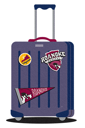 Illustration of a suitcase with Roanoke College stickers on it.