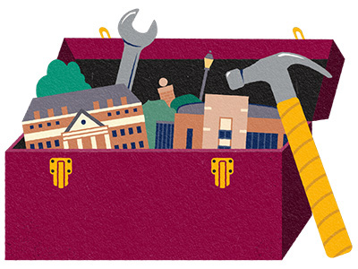 illustration of a red toolbox filled with items including tiny brick buildings and a hammer and wrench