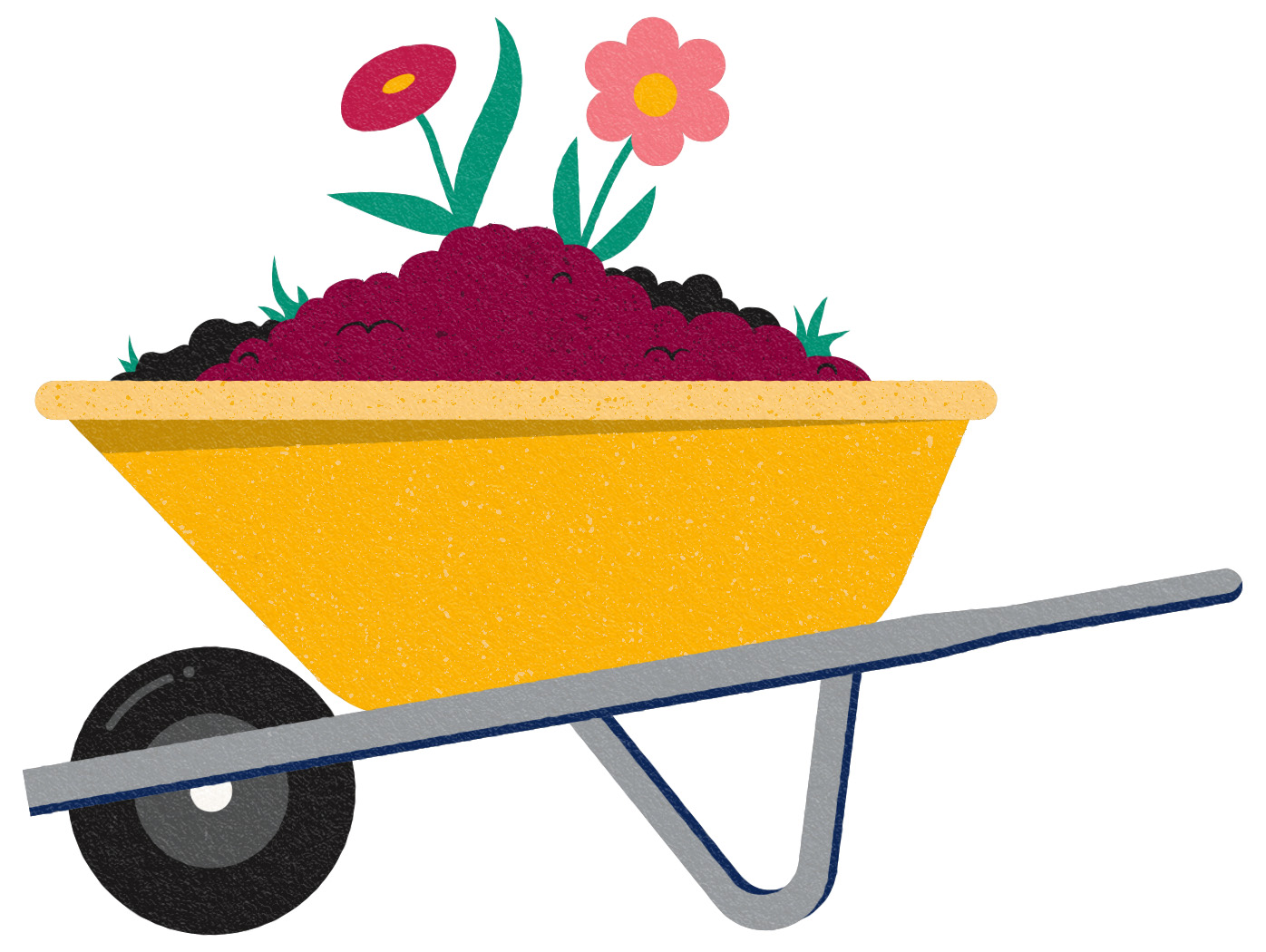 Illustration of a yellow wheel barrow filled with dirt, and a pink flower growing out of the dirt.