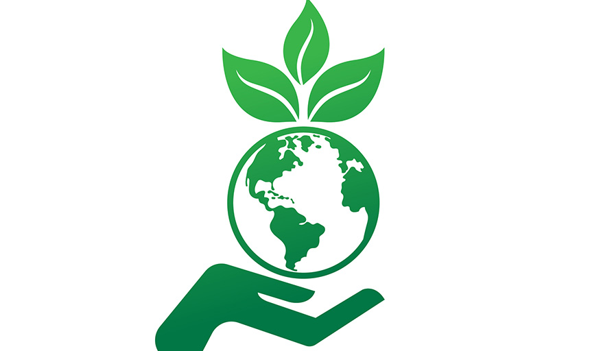 illustration of a hand holding up the earth and blooming plant life
